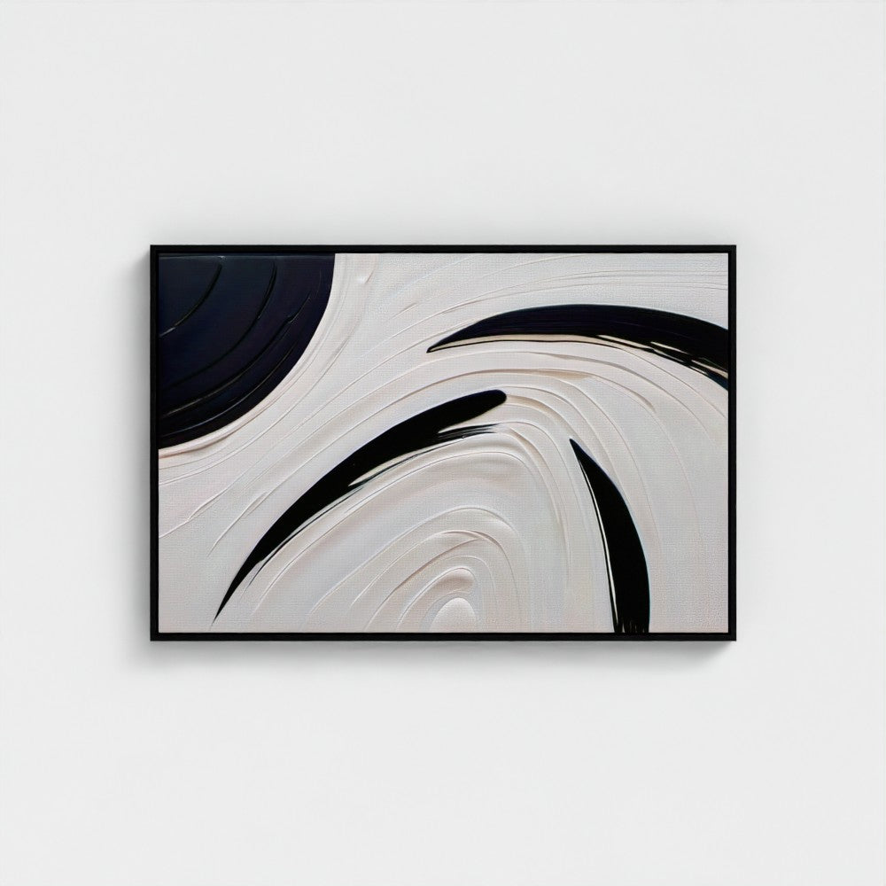 Abstract art piece with black and white swirl patterns in a black frame on a light gray background