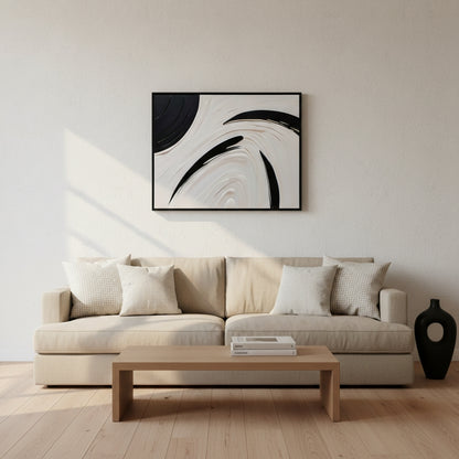 Modern living room with a beige sofa, wooden coffee table, and abstract art on the wall.