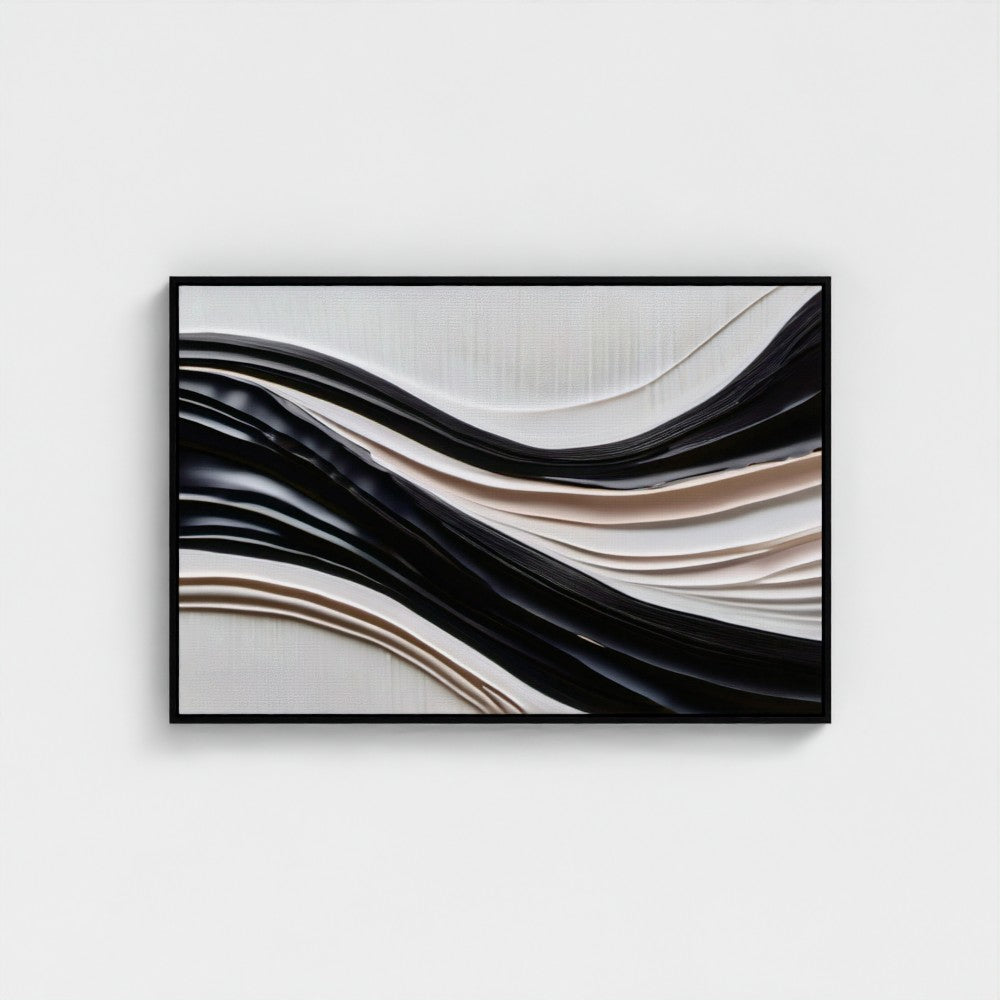 Abstract wall art with wavy lines in black, white, and beige on a light gray background
