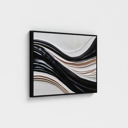 Abstract wall art with wavy black and beige design on a white background