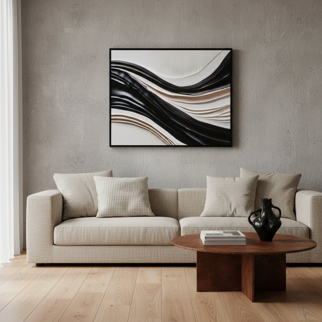 Modern living room with a beige sofa, wooden coffee table, and abstract wall art.