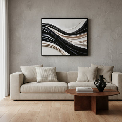 Modern living room with a beige sofa, wooden coffee table, and abstract wall art.