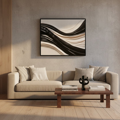 Modern living room with a beige sofa, wooden coffee table, and abstract wall art.