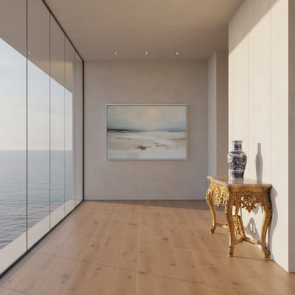 Modern interior with a painting on the wall, a console table, and decorative vases.