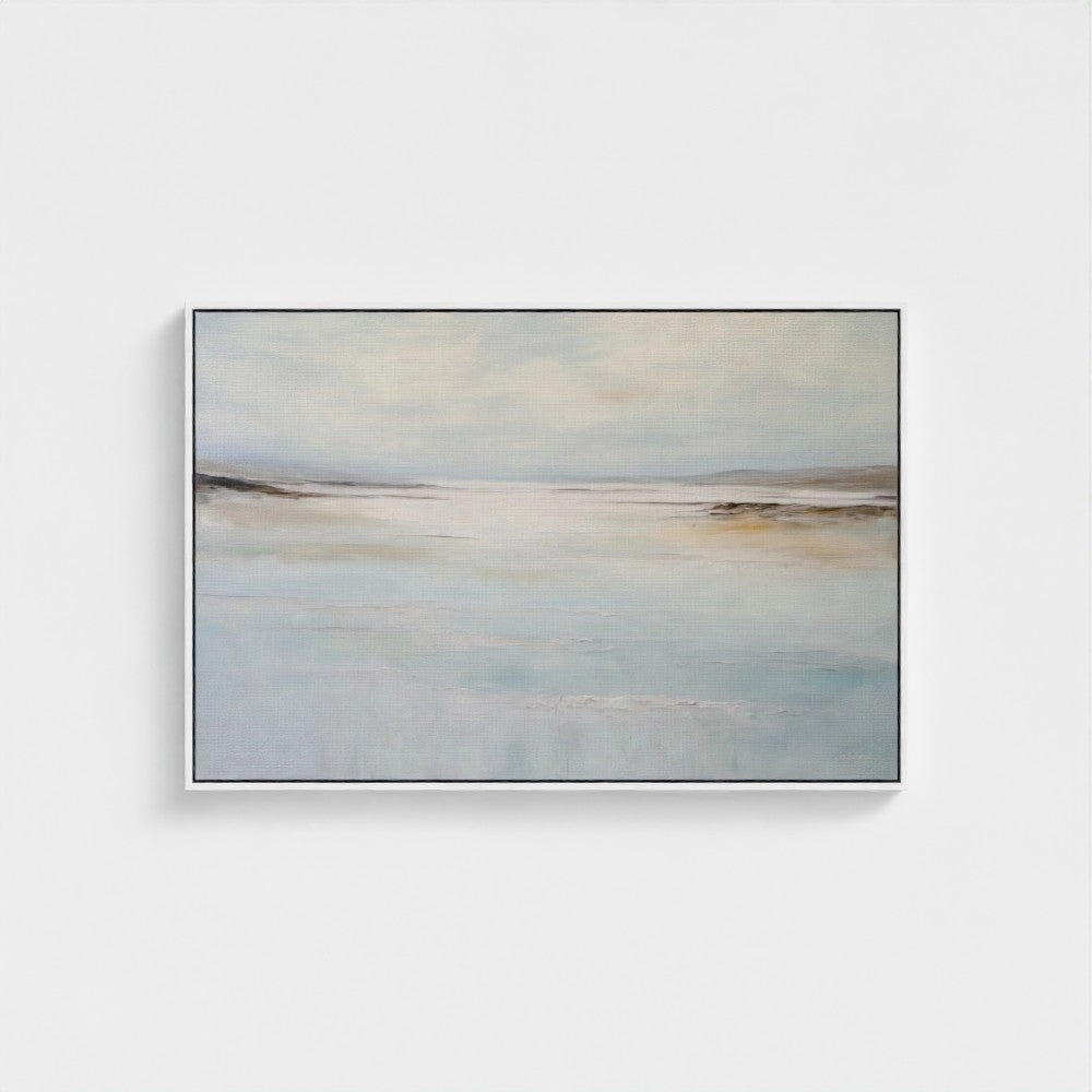 Framed abstract painting on a white wall