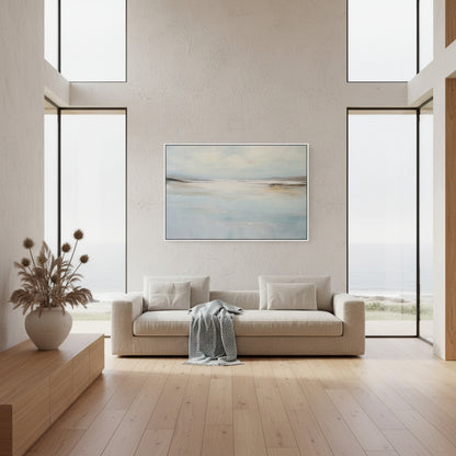 Modern living room with a beige sofa, wooden coffee table, and abstract painting on the wall.