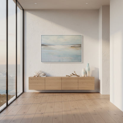 Modern interior with a wooden console table and abstract painting on a white wall.