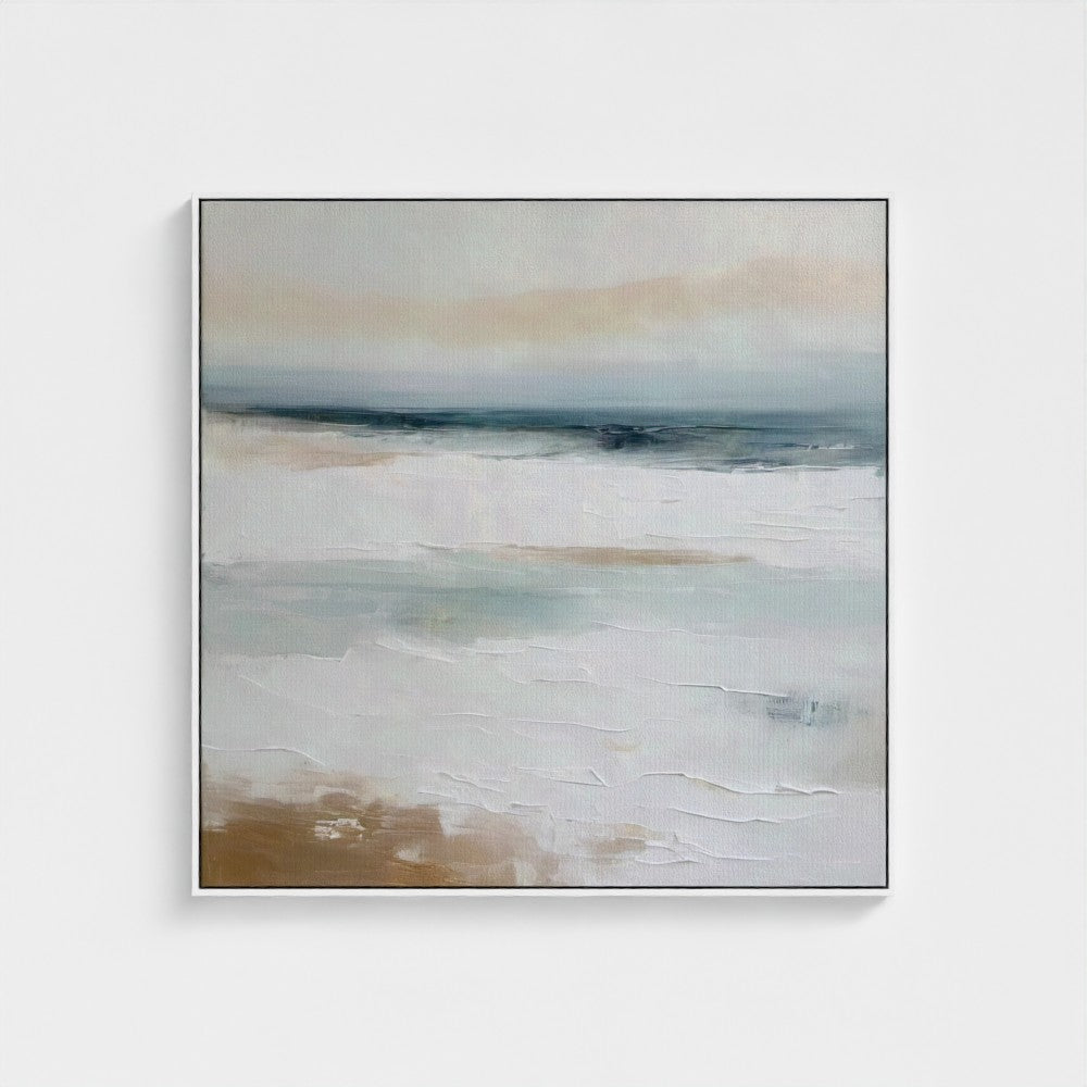 Abstract painting with horizontal brushstrokes in beige, brown, and blue on a light gray background