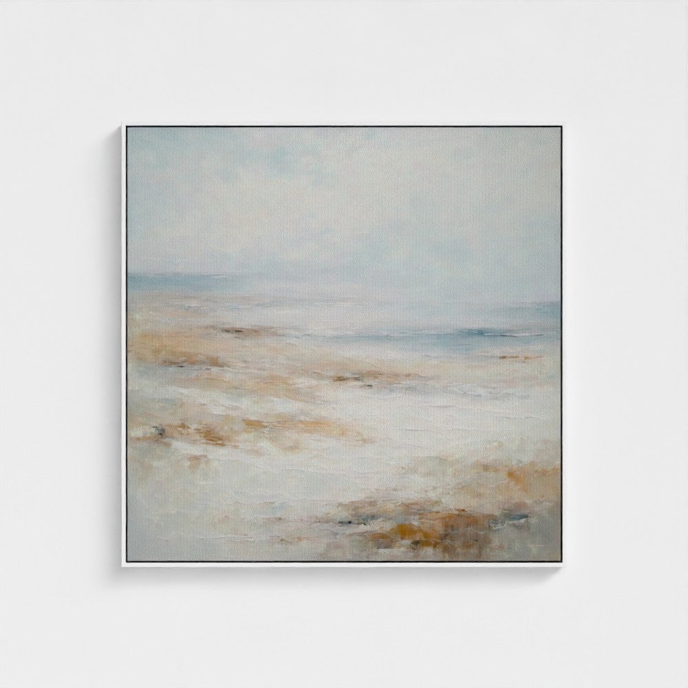 Abstract painting with earthy tones on a light gray background
