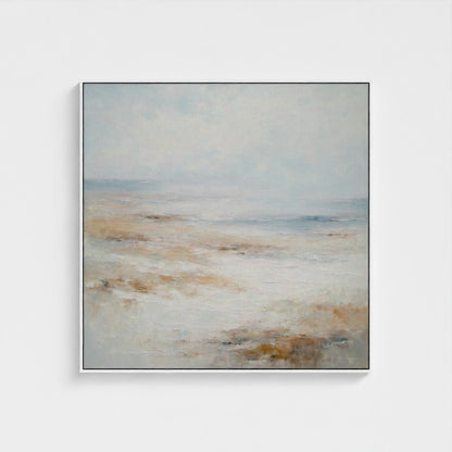 Abstract painting with earthy tones on a light gray background