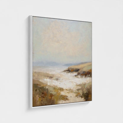 Framed painting of a landscape with a large cloud on a white wall