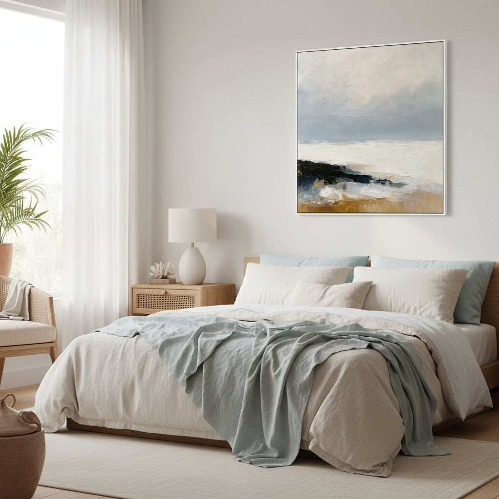 Cozy bedroom with a bed, lamp, and wall art