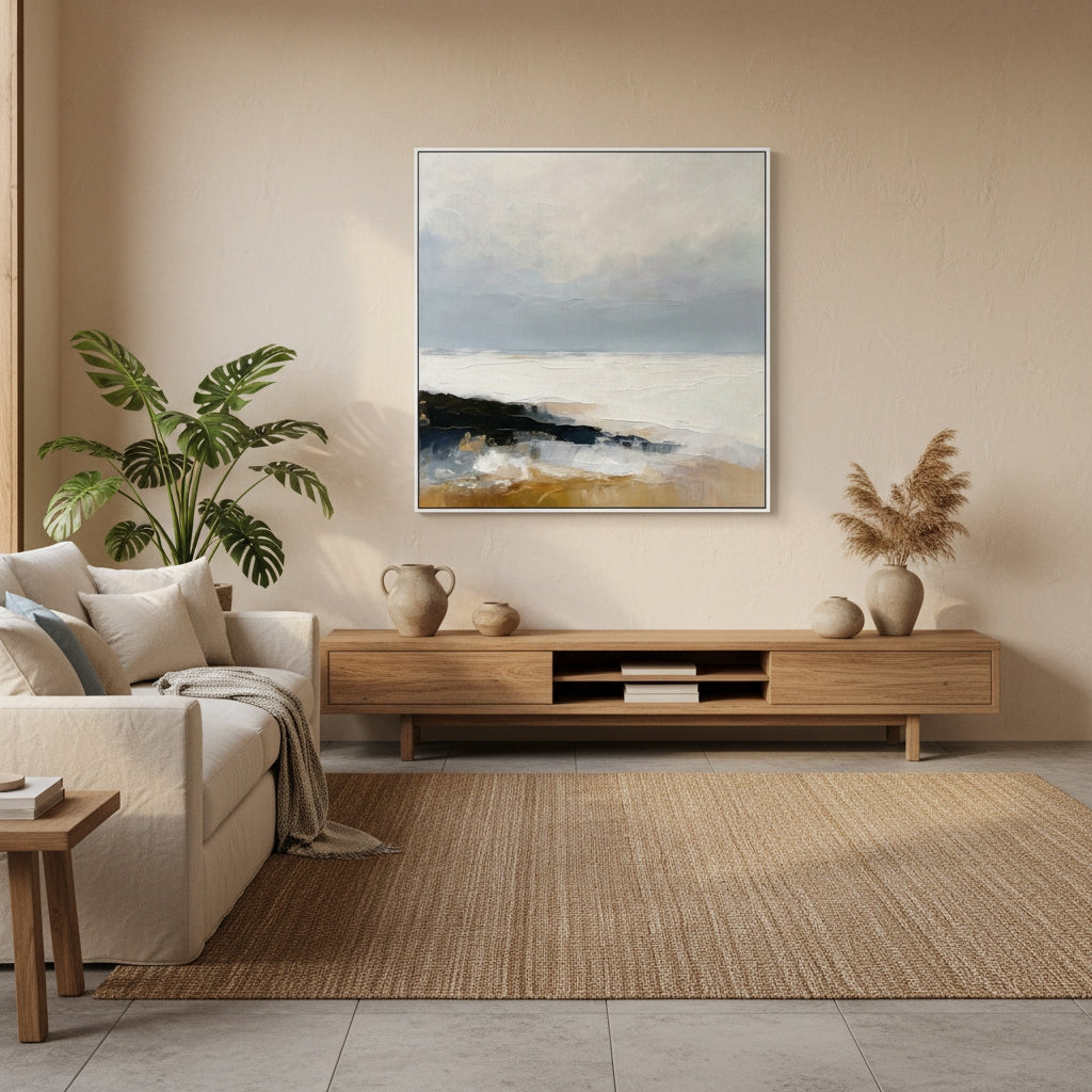 Modern living room with a beige sofa, wooden TV stand, and abstract painting on the wall.