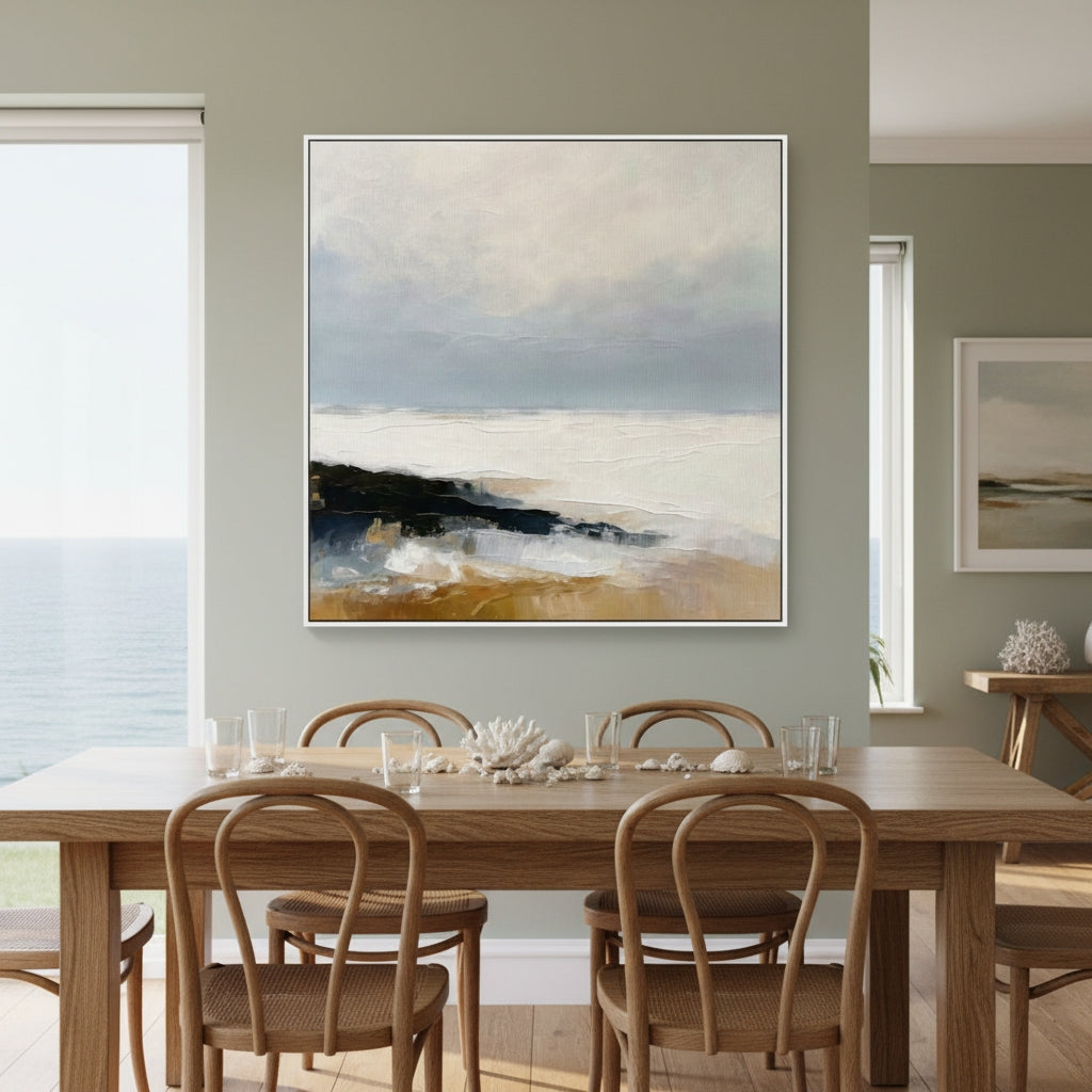 Dining room with a large abstract landscape painting on the wall.
