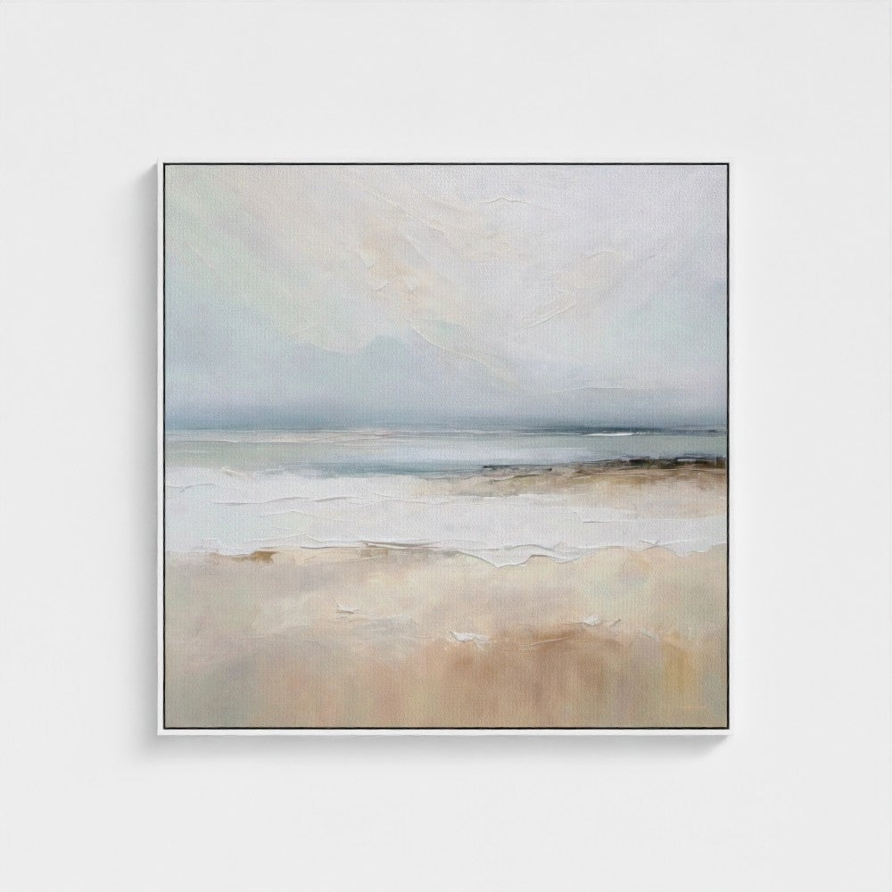 Framed abstract artwork with soft earthy tones on a white wall