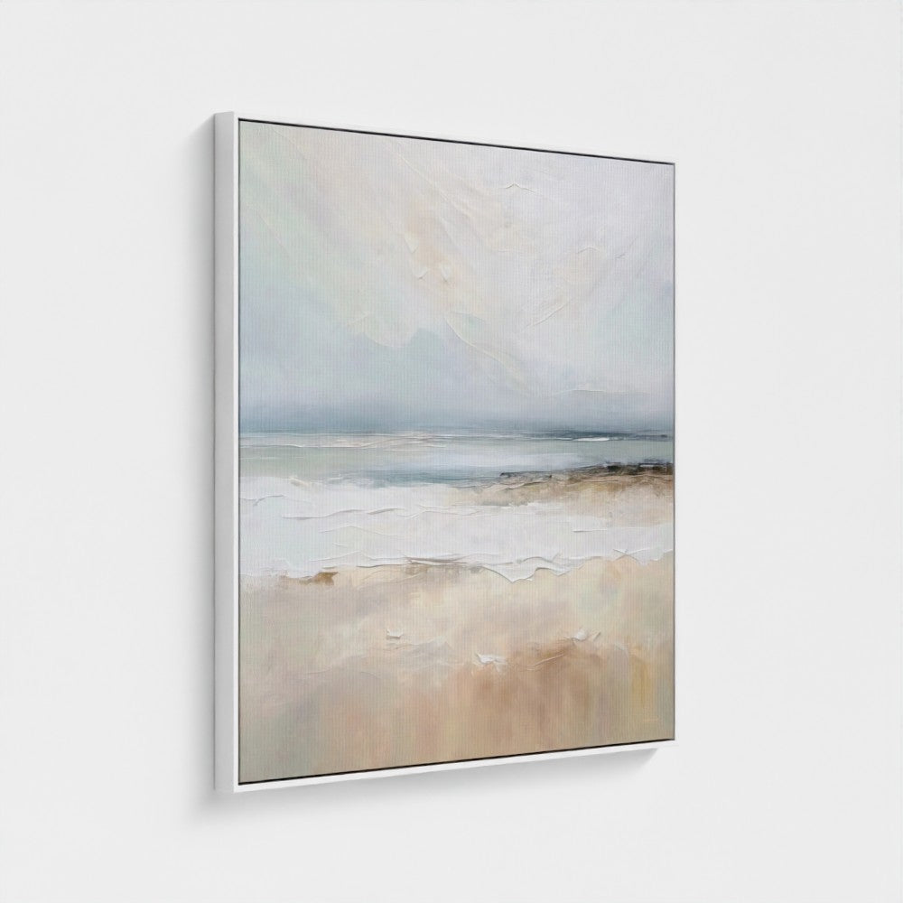 Abstract landscape painting with soft colors on a white wall