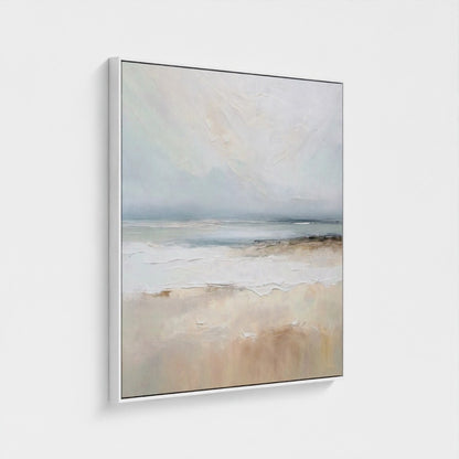 Abstract landscape painting with soft colors on a white wall