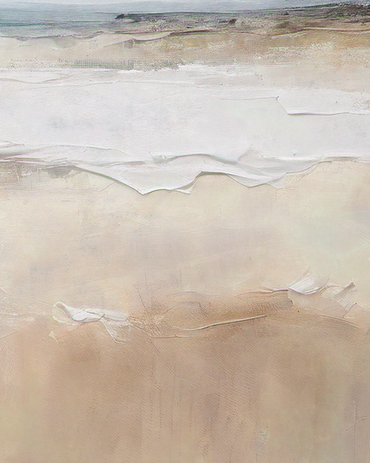 Abstract art with wavy lines in white, gray, and beige tones.