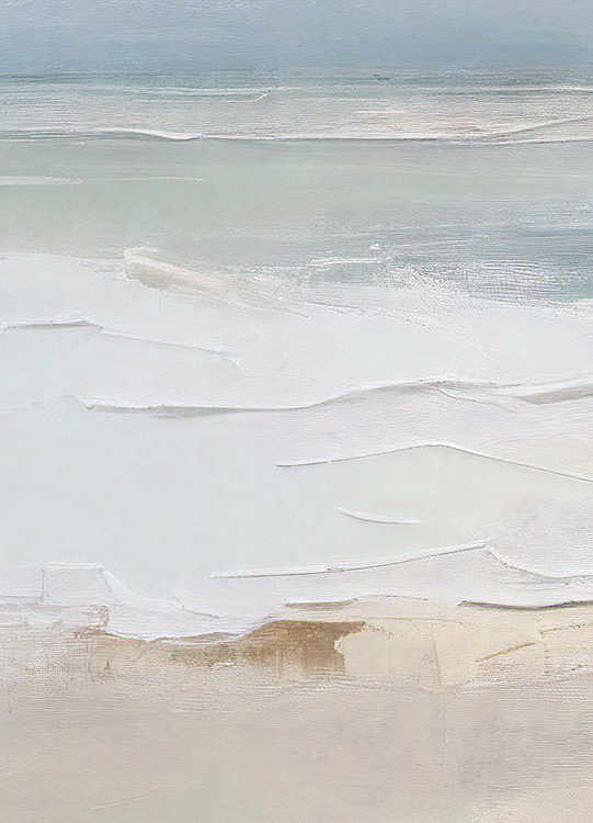 Abstract art with wavy lines in white, gray, and beige tones.