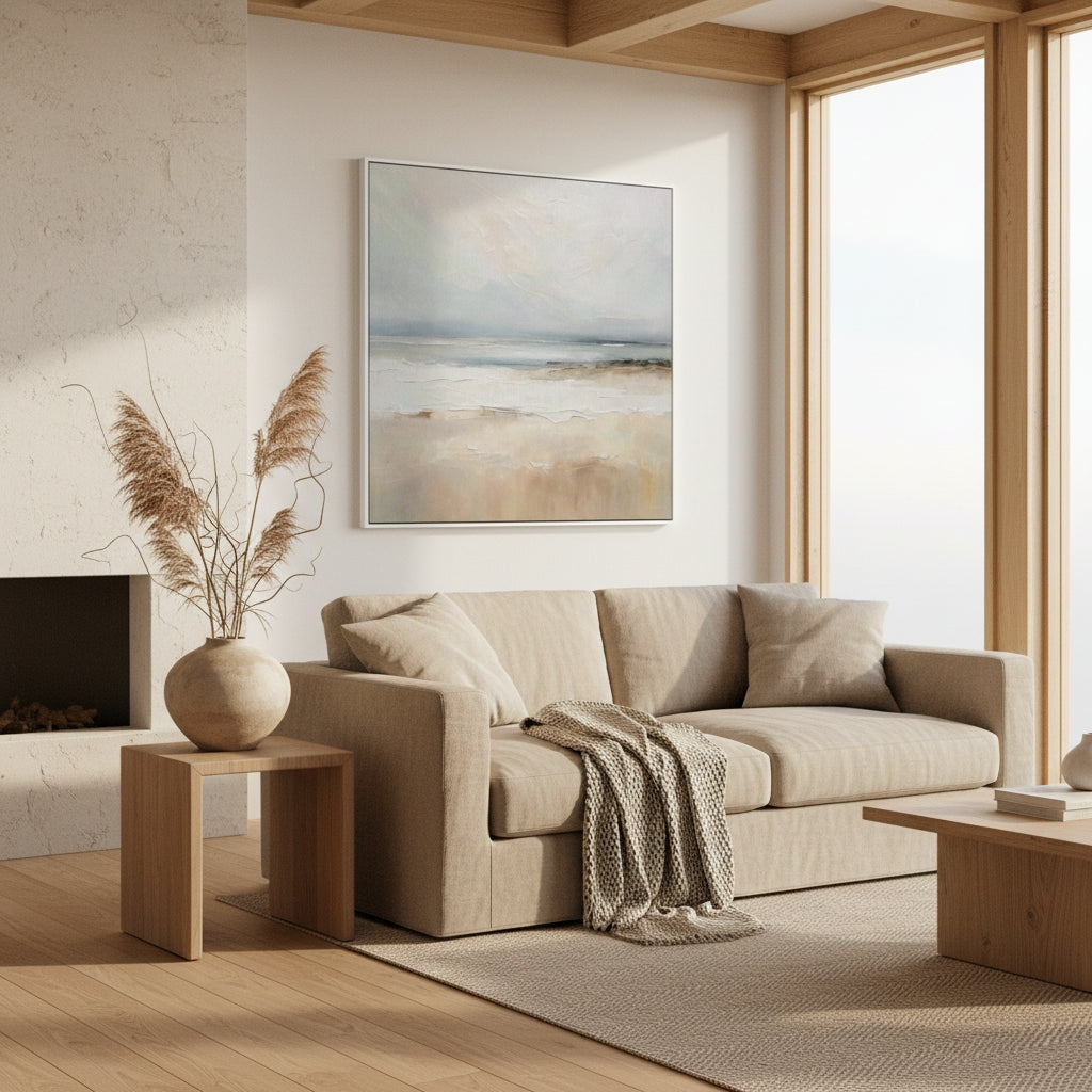 Modern living room with beige sofa, wooden coffee table, and abstract painting on wall.