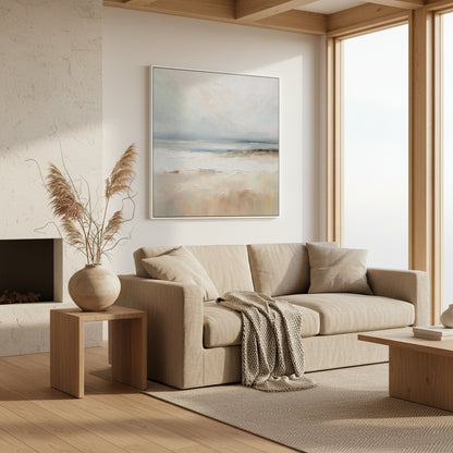 Modern living room with beige sofa, wooden coffee table, and abstract painting on wall.