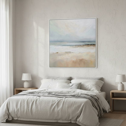 Bedroom with abstract painting above the bed