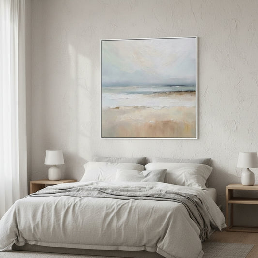 Bedroom with abstract painting above the bed