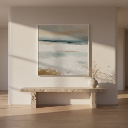 Abstract painting on a wall above a stone bench in a minimalistic room.