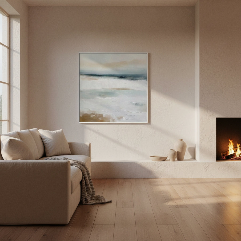 Modern living room with a fireplace, sofa, and abstract painting.