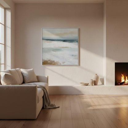 Modern living room with a fireplace, sofa, and abstract painting.