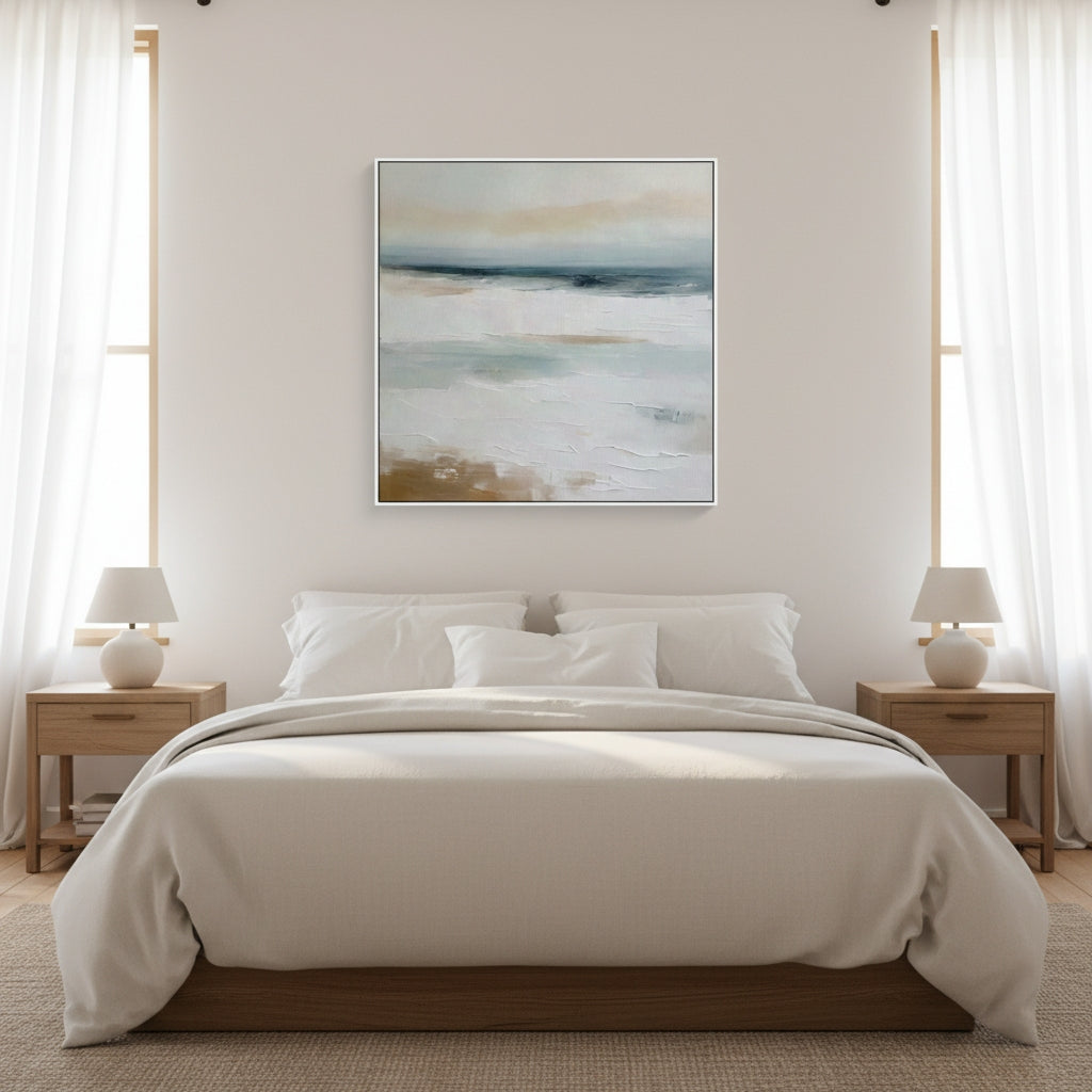 Modern bedroom with a bed, nightstands, and abstract wall art.