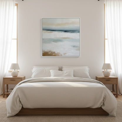 Modern bedroom with a bed, nightstands, and abstract wall art.