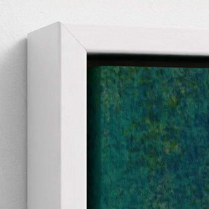 Close-up of a textured green painting with a white frame on a light gray background