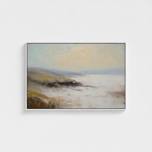 Framed abstract landscape painting on a white wall
