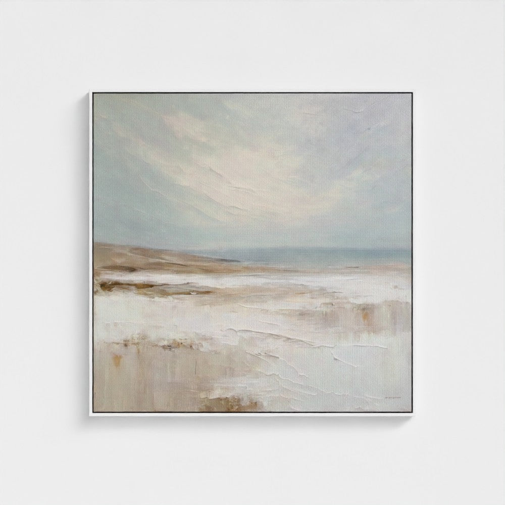 Abstract painting with earthy tones on a light gray background