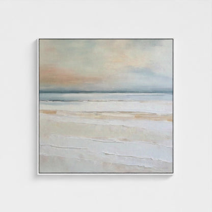 Abstract landscape painting with soft colors on a white wall