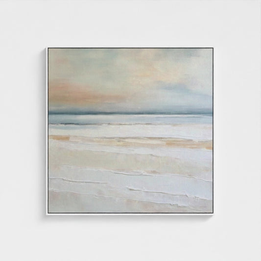 Abstract landscape painting with soft colors on a white wall