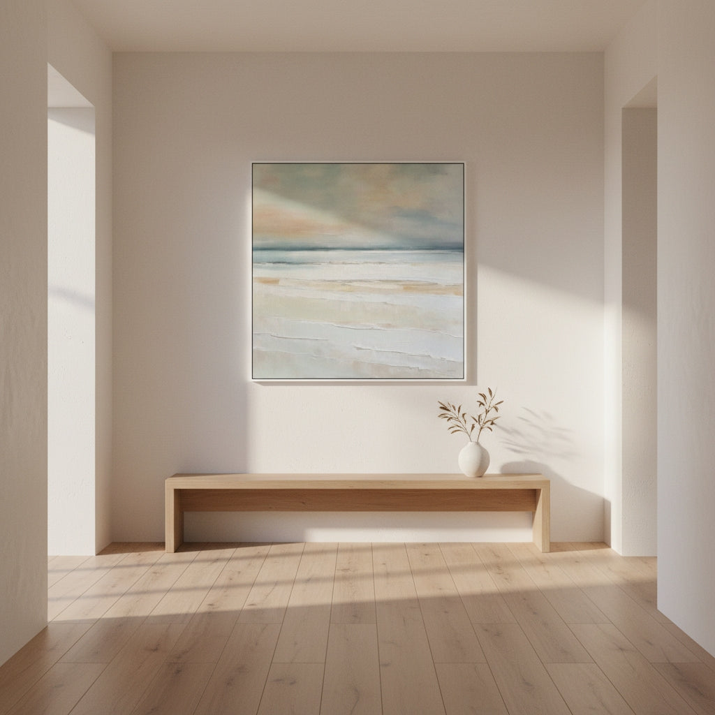 Modern interior with a abstract painting on a white wall, wooden bench, and vase.