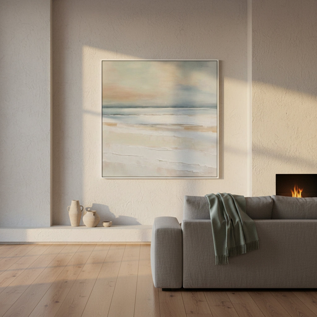 Modern living room with a gray sofa, abstract painting, and fireplace.