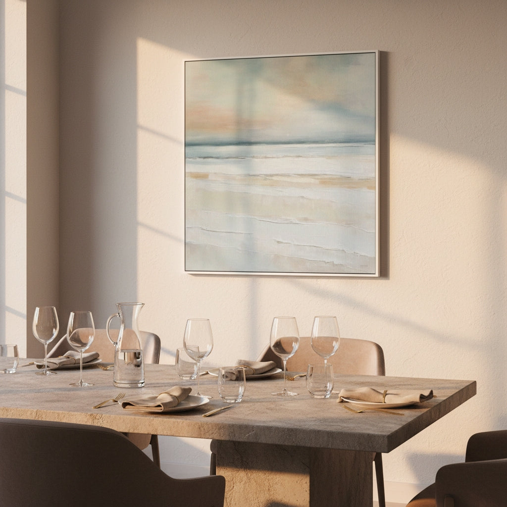 Dining room with a table set for four, a large abstract painting on the wall, and chairs.
