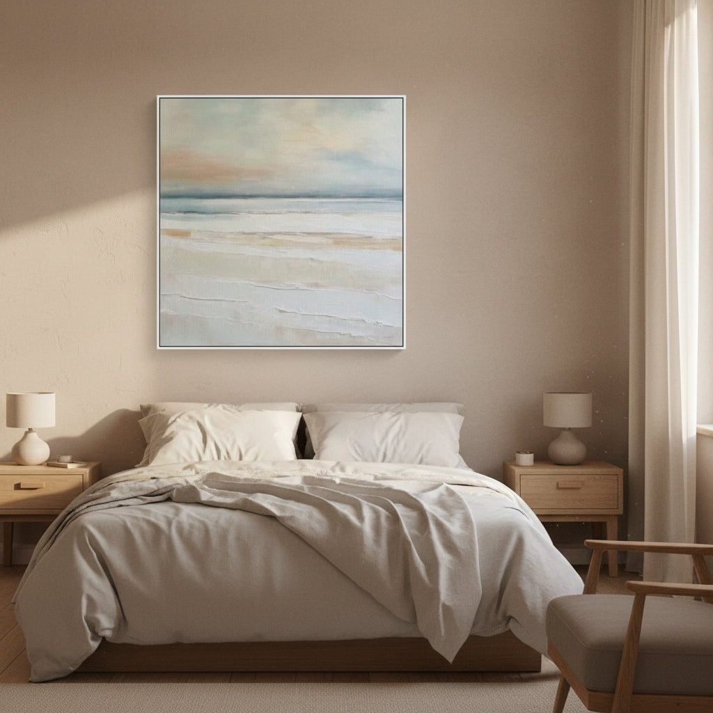 Modern bedroom with a bed, nightstands, and abstract wall art.