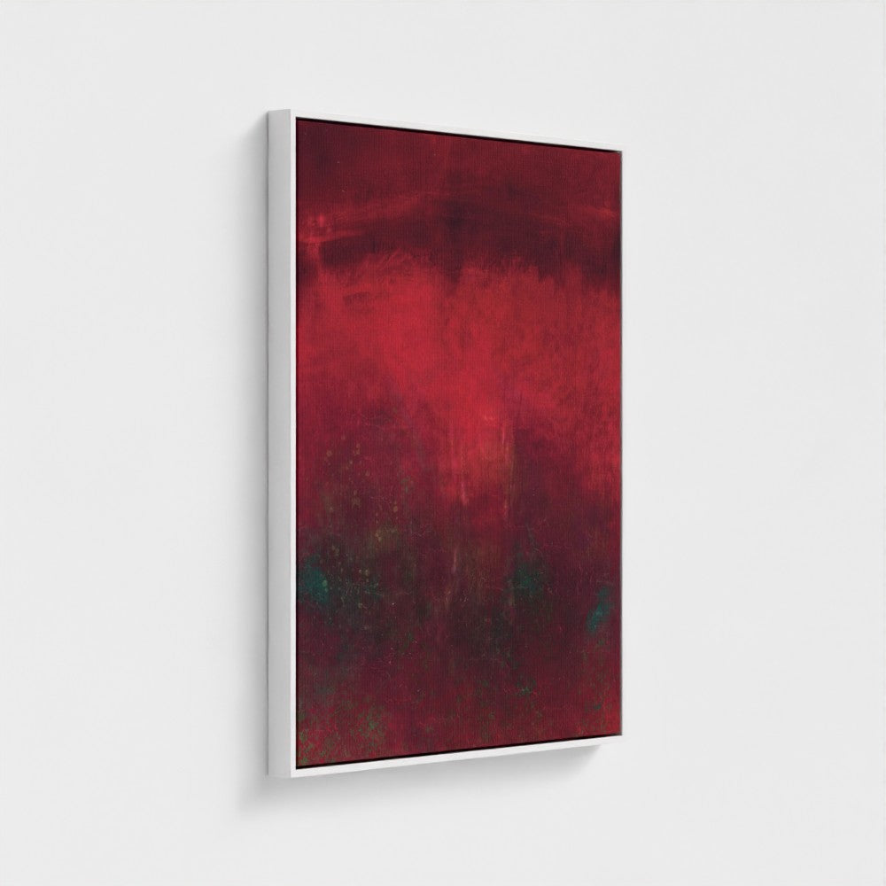 Abstract painting with red and black hues on a white background
