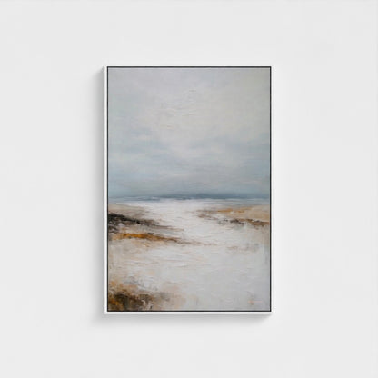 Abstract landscape painting with earthy tones on a white background