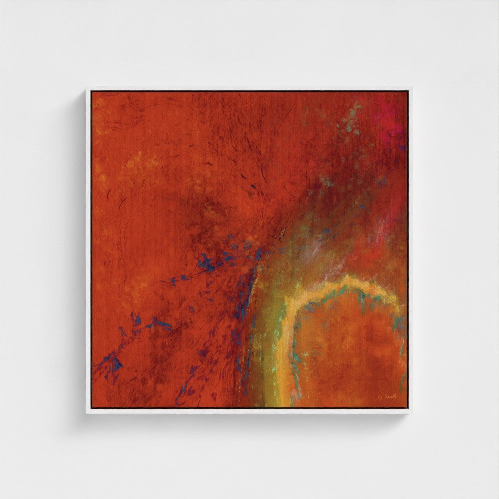 Abstract painting with red, orange, and yellow colors on a white background