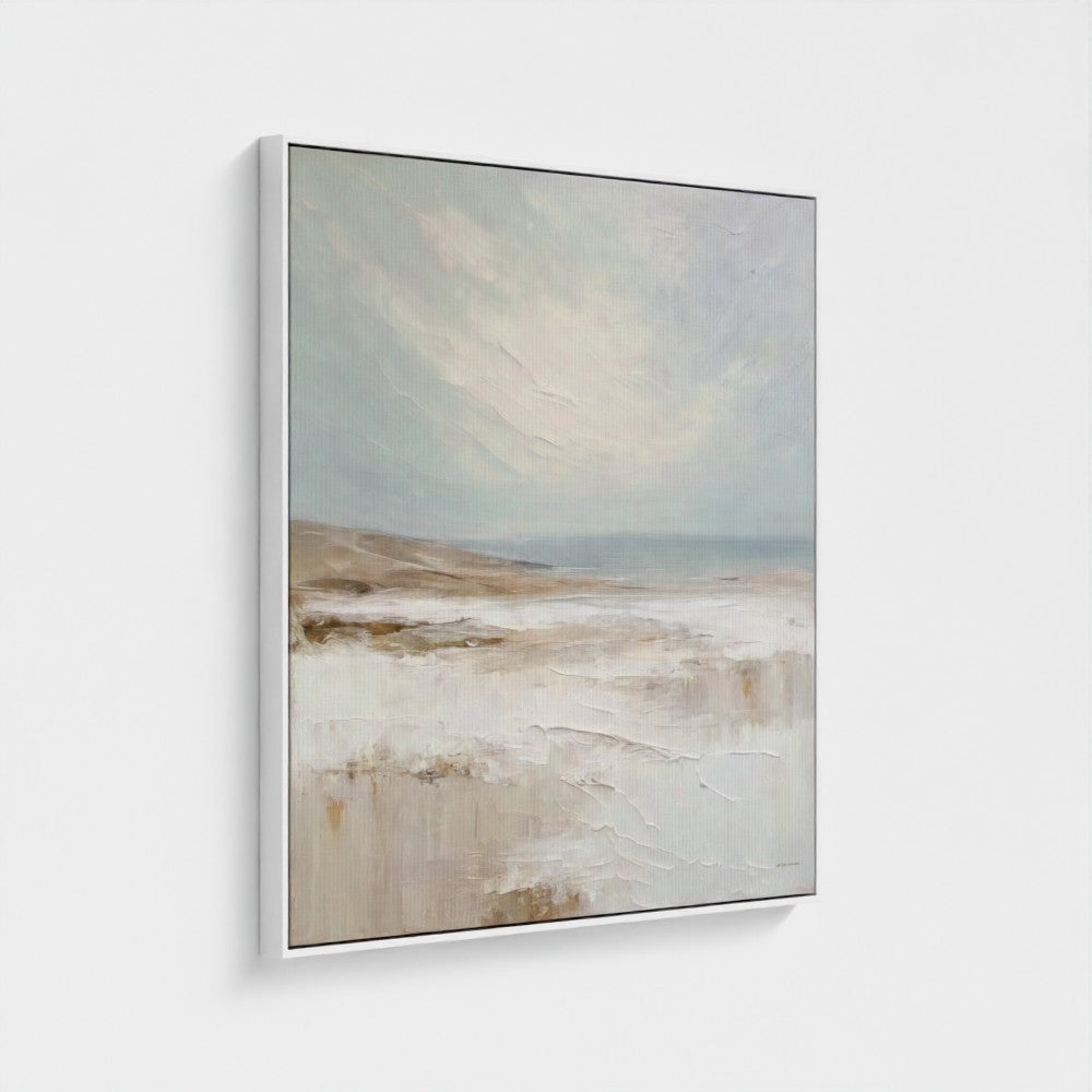 Abstract landscape painting in a white frame on a light gray background