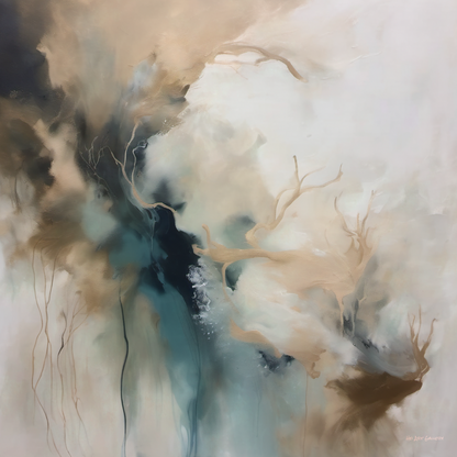 Abstract art with swirling colors in brown, beige, and blue