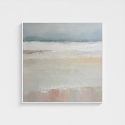 Abstract painting with horizontal brushstrokes in soft colors on a white background