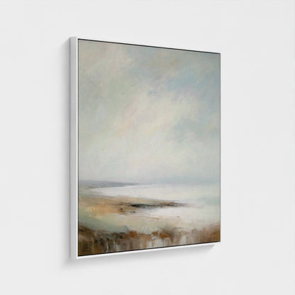 Abstract landscape painting in a white frame on a light gray background
