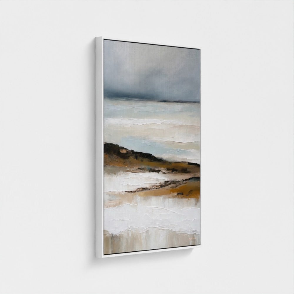 Abstract landscape painting with neutral tones on a white background