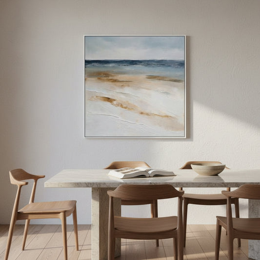 Dining room with marble table and wooden chairs, abstract painting on wall